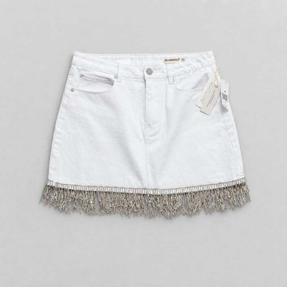 NWT BLANKNYC “Heart and Soul” White Rhinestone Fringe Denim Mini Skirt – Size 30